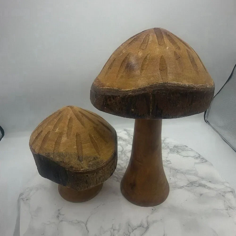 MCM Wooden Mushroom Figurine Sculptures- Set of 2